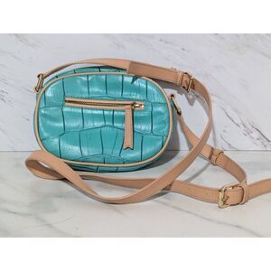 Kate Landry Women's Aqua Croc Print Tan Trim Strap Shoulder Bag